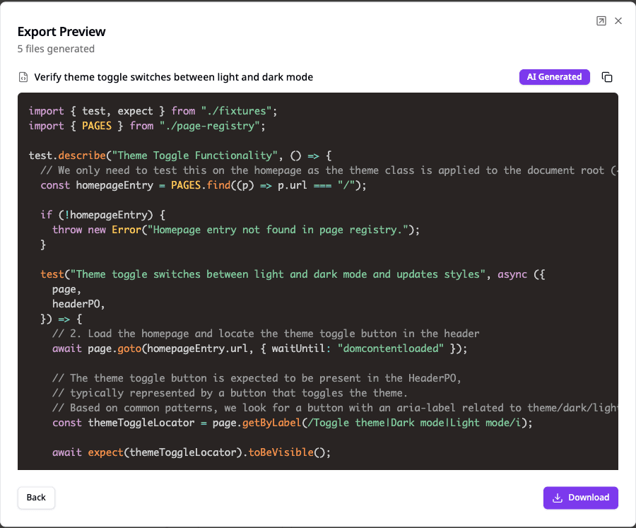 QuickScript: Manual to Automation in Seconds screenshot showing Convert manual test cases into executable automation scripts. Select your cases, pick a framework, and export ready-to-run code for Playwright, Cypress, Selenium, pytest, Jest, and more.