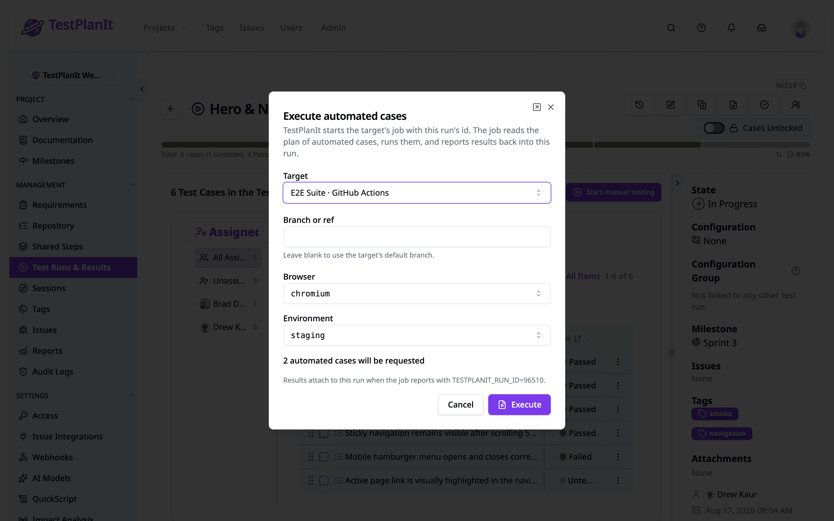 Automated Execution screenshot showing A test run is no longer only where automated results end up — it is where they start. Execute the automated cases of a run in your own CI while testers pick up the manual ones, and track both in one checklist.