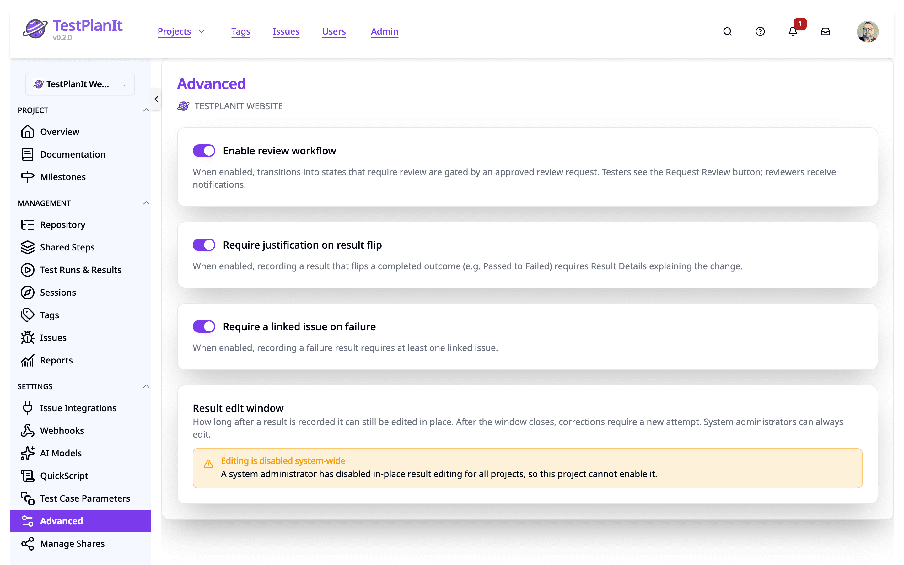 Review, Approval & Governance screenshot showing Add server-enforced quality gates to your process. Request review on cases, runs, and sessions, and govern exactly how results get recorded — all configurable per project.