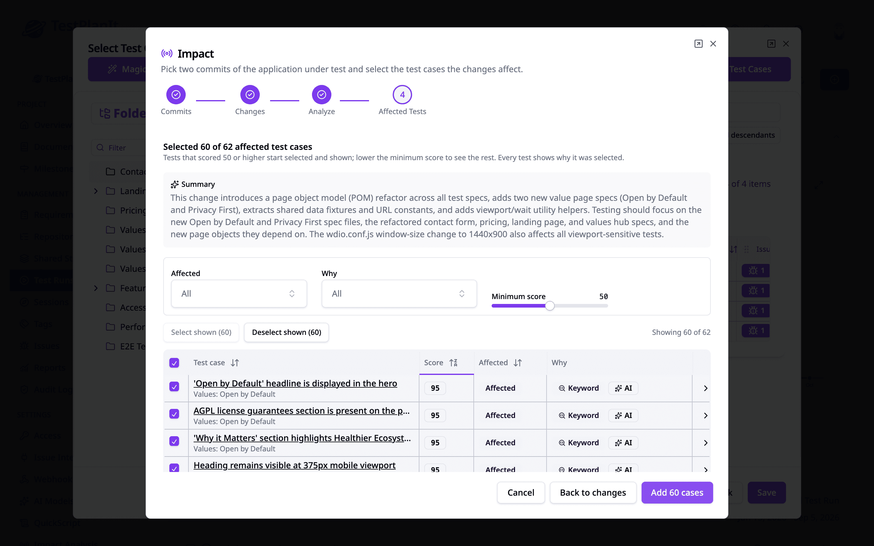 Impact Analysis screenshot showing Test what changed, not everything. Connect the repository of the application under test, pick two commits or a pull request, and TestPlanIt shortlists the affected tests right where you compose the run — from the git diff alone.