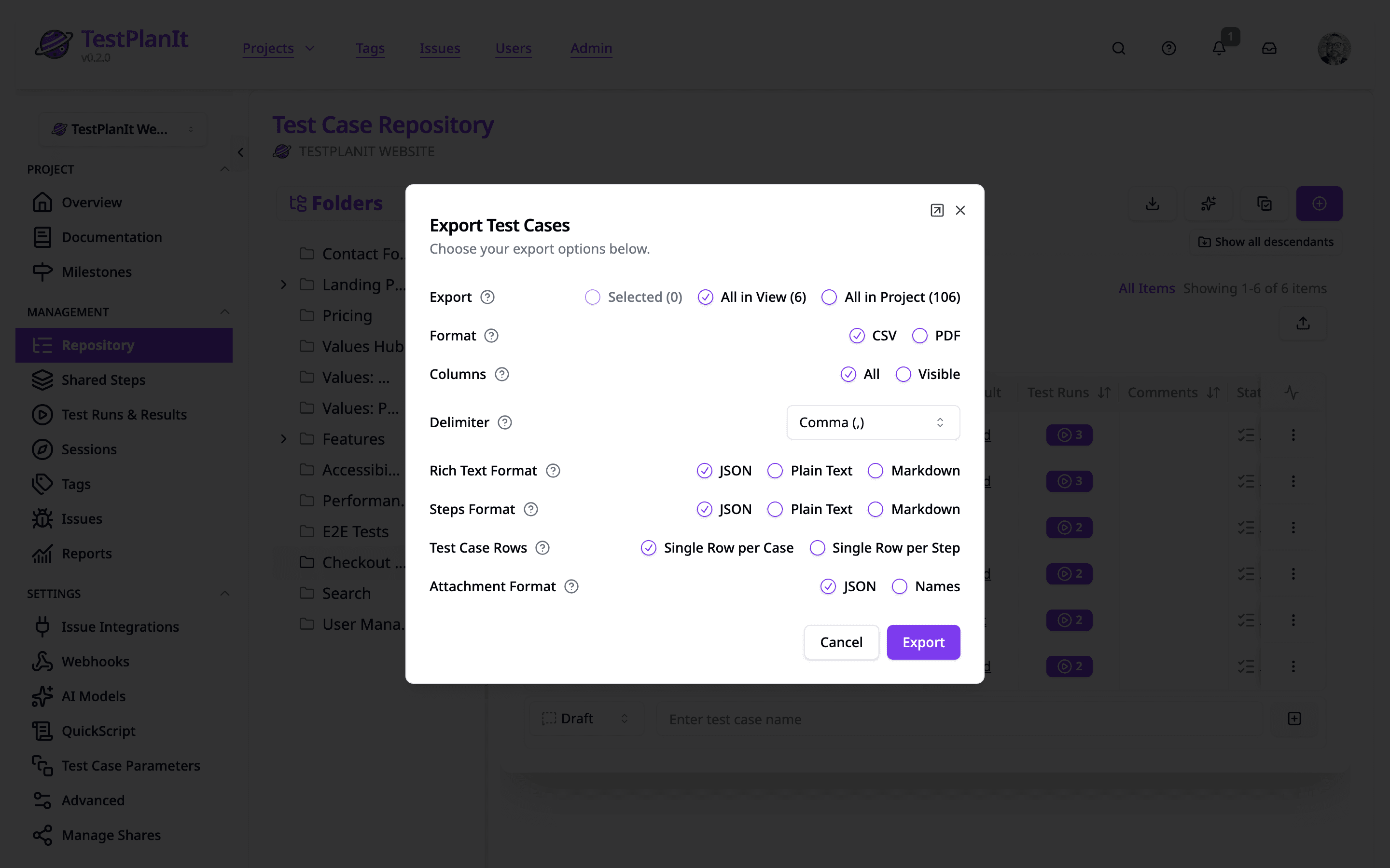 Import & Export screenshot showing Bring your data from anywhere. TestPlanIt supports multiple import formats and makes migration from other tools painless.