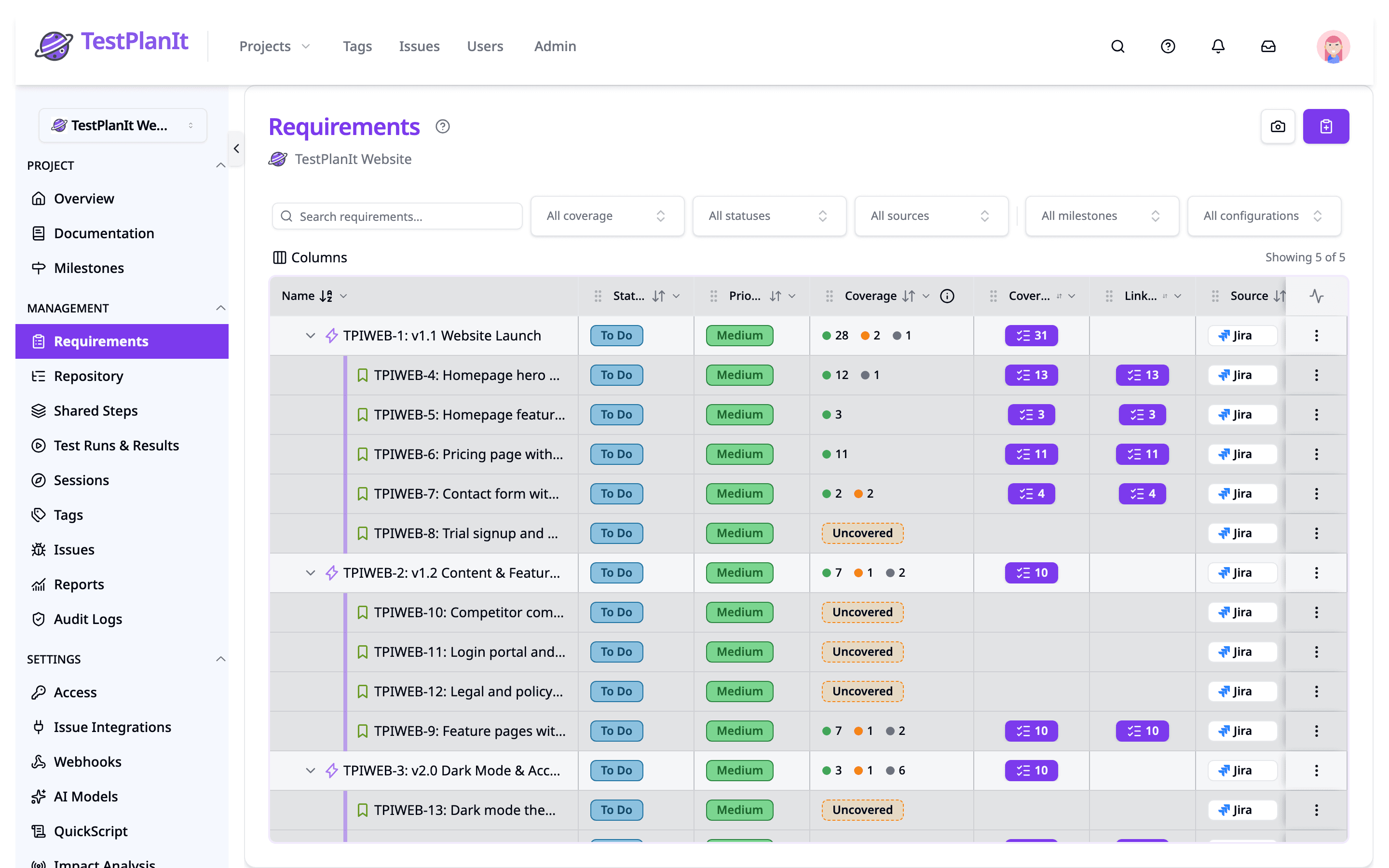 Requirements & Traceability screenshot showing Give every project a tree of what the system should do, link test cases to it from either side, and see coverage roll up from real results. Author requirements natively or mirror them — hierarchy included — from the tracker your team already uses.