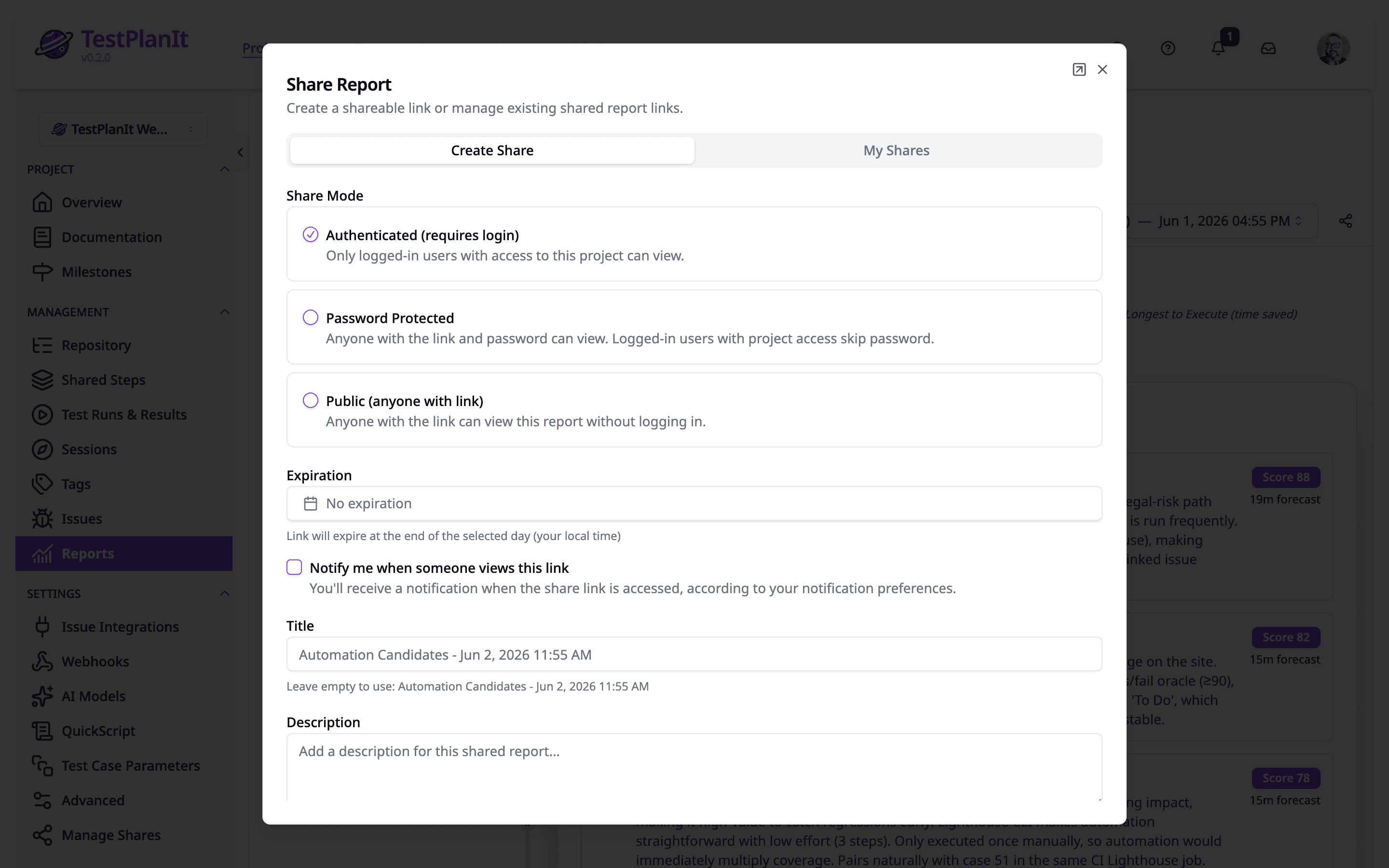 Share Links screenshot showing Share reports with anyone — inside or outside your organization — with granular access controls.